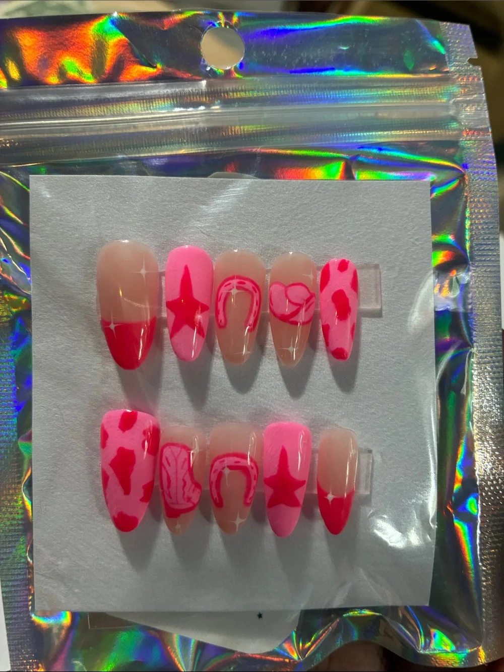 Hot Pink Cow Print & Star Press-On Nail Set - Bright Pink Accent